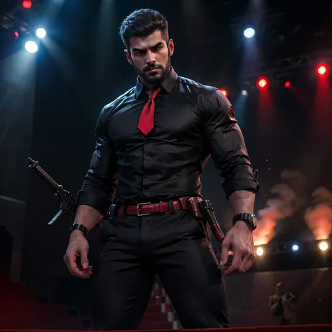 Age 27,One tall man,、Iraqi handsome man。Black Shirt、Red tie、Black pants、stage,,Muscular ,Short short hair　　Gunfight、Menacing look