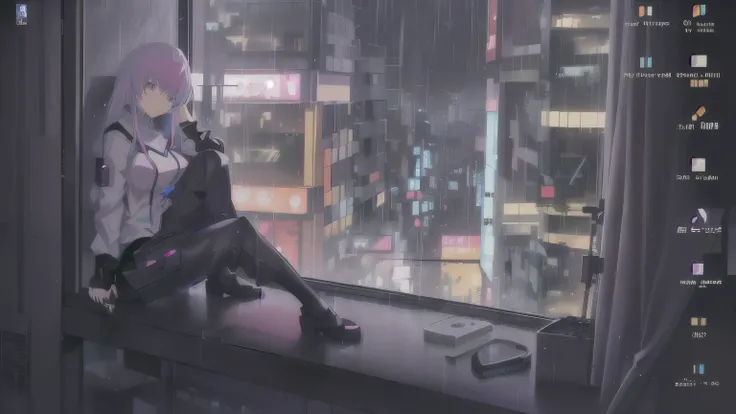 anime girl sitting on window sill looking out at city at night, rainy cyberpunk city, rainy night, late night raining, rainy evening, urban girl fanart, rainy afternoon, at a cyberpunk city, anime style cityscape, rainy day, at an cyberpunk city, rainy cit...