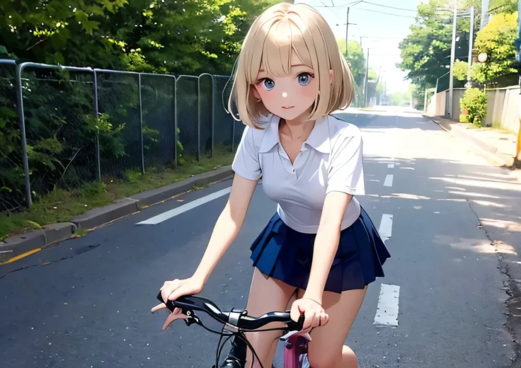 ((Best Quality)), ((masterpiece)), (detailed), Anatomically correct body shape、Correct leg position、Correct hand position、High school girl、Mature face、White blouse、Navy Blue Skirt、Blue Eye、Blonde bob cut、Small breasts、Big Ass、Get on the bike and pedal away...