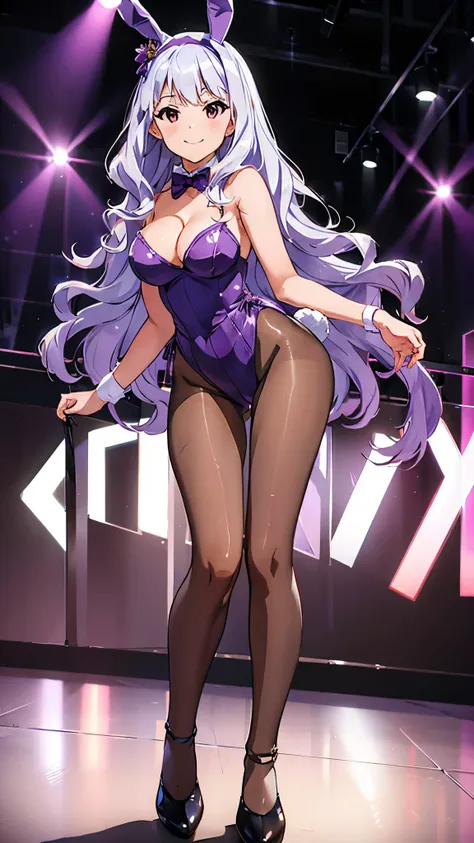 1 girl, (((bunny girl, leotard))), BREAK, (purple pantyhose: 1.5), BREAK, takane shijou, white long hair, smile, full body, a dynamic pose, femininity, cleavage, seductive, (thighs), view audience, (on the nightclub stage, purple light source), dynamic ang...