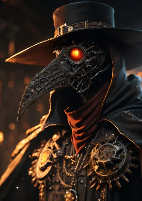 a close up of a mechanical plague plaguer wearing a hat and a plaguer costume, mechanical plague doctor, the plague doctor, portrait of a bloodborne hunter, hyperdetailed fantasy character, cowboy plague doctors, dark but detailed digital art, 8k high qual...