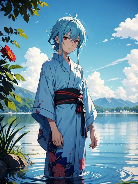 Blue yukata with white flowers. Red flowers everywere. Blue clothes. Kimono. Yukata. Male. Flowers. Long hair. Older. Boy. Male. Red eyes. Blue hair. More anime style. Water. 2d. flatter. anime style. Blue clothing. soft. More anime. Standing in a lake. Mo...