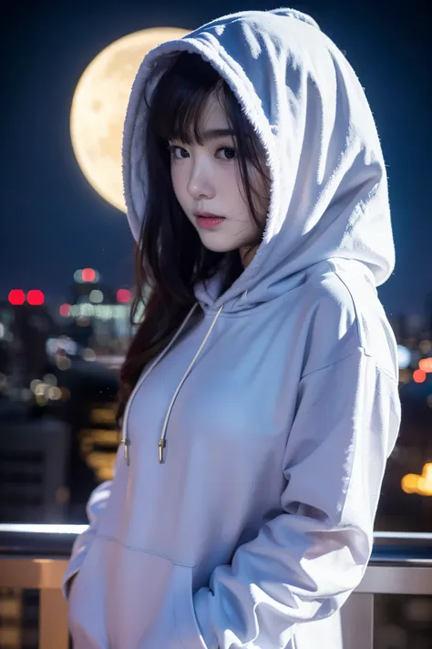 1 girl, standing in the city, night with moon in the sky, wearing black hoodie, veil