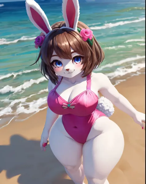 1girl, (smiling :1.1), (Best Quality, 8k, Masterpiece), (view from above :1.2), big tits, big ass, thin waist, thick thighs, toned legs, (bunny girl), animal nose, white fur, fur, wearing a pink leotard, standing, on the beach, sea in the background