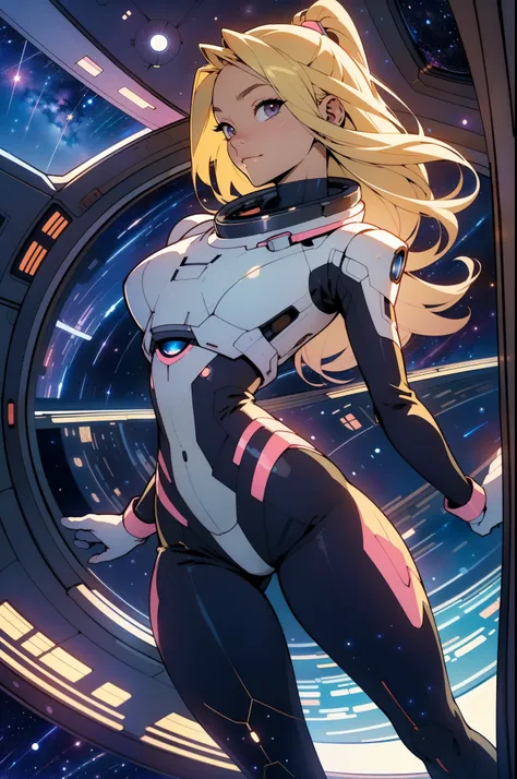 (masterpiece, best quality:1.2), (cowboy shot:1.1), solo, 1girl, mori yuki, slight smile, closed mouth, 3/4 view, looking at viewer, blonde hair, long hair, thigh gap, pink bodysuit, skin-tight, perfect body, large window, (starship porthole:1.3), (spread ...