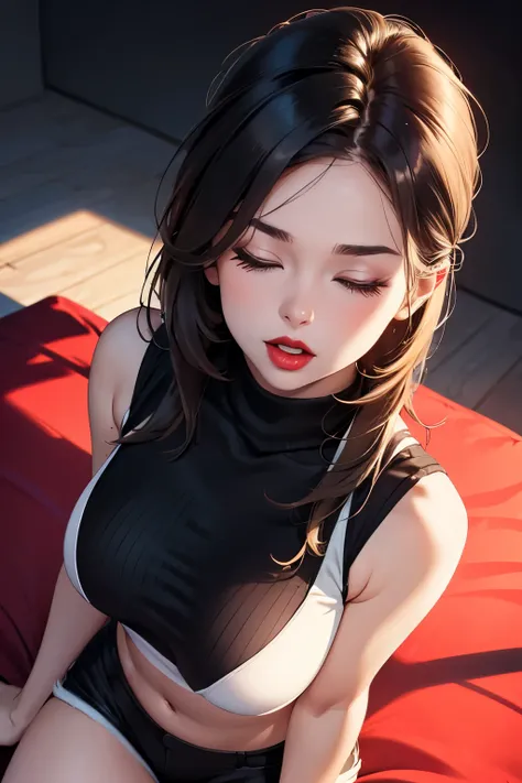 hot 30 year old woman, sleeveless turtleneck shirt and elastic shorts, red lip, closed eyes, orgasm, from above, fingers --style realistic-imagine -