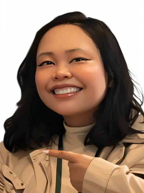 smiling woman in beige jacket holding a green bag and pointing at something, joy ang, cindy avelino, inspired by Ruth Jên, photo portrait, headshot photo, mai anh tran, fujita goro, nivanh chanthara, inspired by Kim Jeong-hui, south east asian with round f...