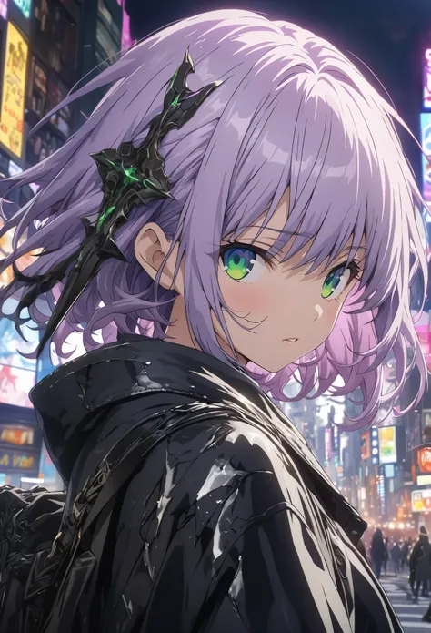 masterpiece, Best Quality, Highly detailed CG Unity 8k wallpaper, One Girl, Anime screenshots, Written boundary depth, Purple Hair, Green Eyes, Reflective ground、Shibuya Scramble Crossing、Face close-up、Cinema Lighting、Clear light and dark、Light and Shadow、...