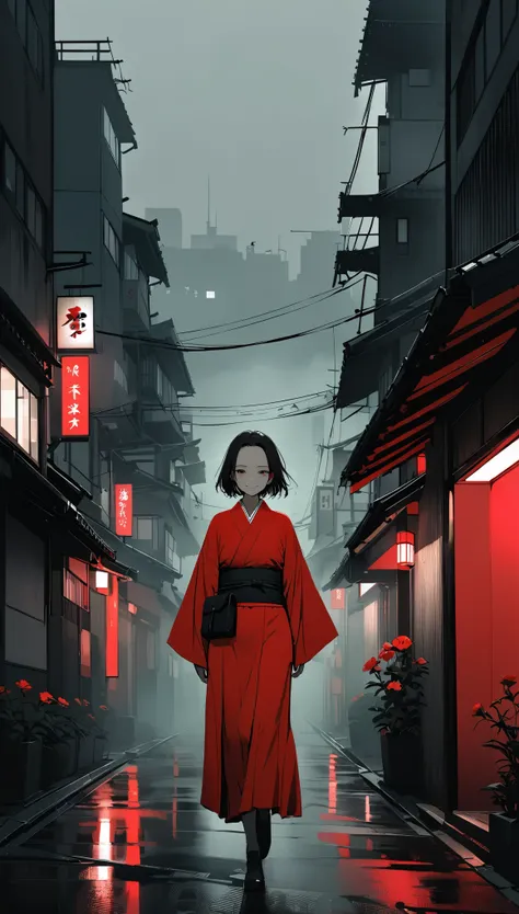 Ultra-realistic,score_9, score_8_Excellent, score_7_Excellent,Ultra HD。Precise depiction。((Flat Color)),((Calm colors))Red silk kimono。Beautiful in the fog,Walking in the fog。Black Belt。smile。Black short hair。forehead,。Alone。darkness。cowboy shot。Spooky atm...