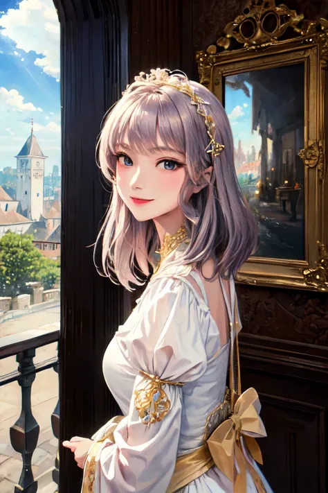 ((Best quality)), ((masterpiece)), (detailed), 1 woman, Medieval dress, Yutnori, Mansion background, latina woman, Looking ahead, Smiling, princess