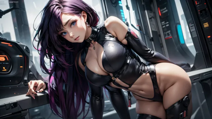 ((masterpiece, best quality)), ((1girl)), (solo), (realistic), (female focus), (skinny), (goth girl), (purple hair, very long hair), futuristic, eyeshadow, mascara, long eyelashes, large blue eyes, looking at viewer, light smile, goth, cyberpunk, sexy, (bu...