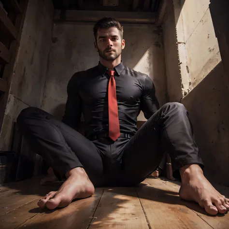 30 years old、one man,handsome、stubble、black shirt、red tie、black pants、small darkroom,sit barefoot on the ground,muscular ,short ...