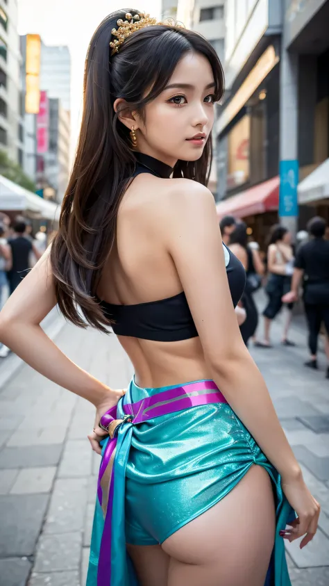 想）Create an ultra-realistic 8K resolution image of a stunning cosplayer inspired by Benzaiten, embodying a perfect fusion of traditional beauty and modern fashion. Her hair flows in soft, elegant waves, cascading down her back with a divine grace that echo...