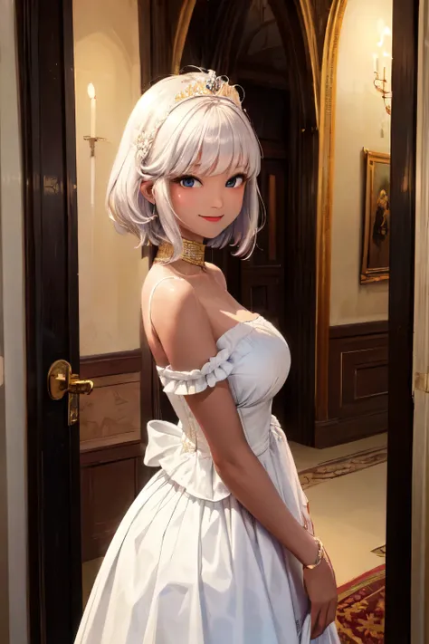 ((Best quality)), ((masterpiece)), (detailed), 1 woman, Medieval dress, palace, Latino, Looking ahead, Smiling, princess, Dark skin, sexy