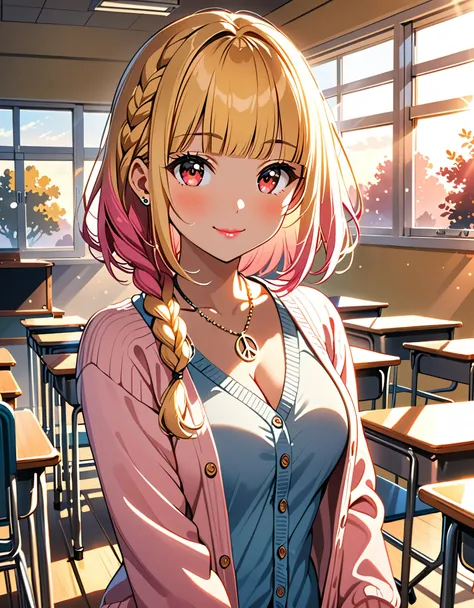 (((anime))), ((animated)), (GAL), medium hair, (braid hair:1.3), (blunt bangs:1.2),two-tone hair, blonde hair, (pink hair), round face, red eyes, (drooping eyes), (((tareme))),Pink Lip,piercing,necklace,[black skin], light smile, ((((cute)))), beautiful, 1...