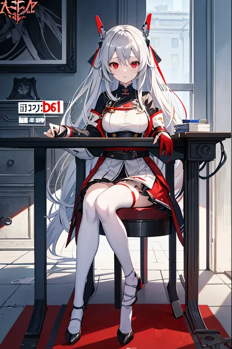 Anime girl with long gray hair sitting at the table in the room,Red pupil， 4K quality，Ultra-high quality，Novel cover illustration level，Azur Lane skin illustration style，The girl&#39;s expression was reluctant，Highlight the characters，Fade the background，S...