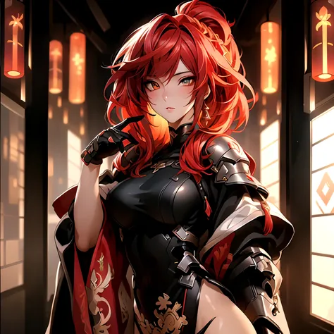 (best quality)), ((Masterpiece)), (details:1.4), 3d, HDR (high dynamic range), an image of a beautiful cyberpunk female, mature woman, medieval, cyberpunk theme, fantasy, cyberpunk, sleek style, (( red hair, Curtain Bangs,)) Beautiful white eyes, super eye...