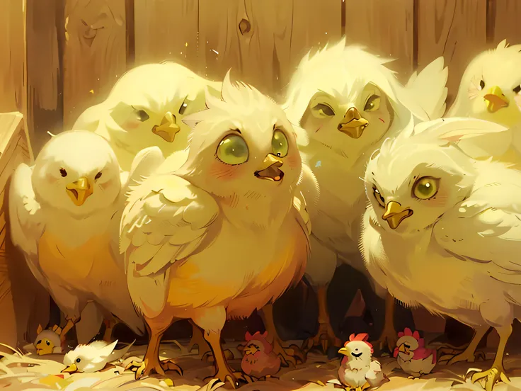 araffes of small yellow chicks in a box on a bed of hay, with chicks, chickens, freckles on chicks, cross-hatchings, white male, 4 0 9 6, intense albino, cocky expression, chicken, albino, moulting, hatching, chicken feathers, hatched pointed ears, beautif...