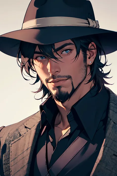 A close-up of a man with a cool fedora with a goatee,looking straight at us and you can barely see his eyes because a shadow hides them. He is mysterious 