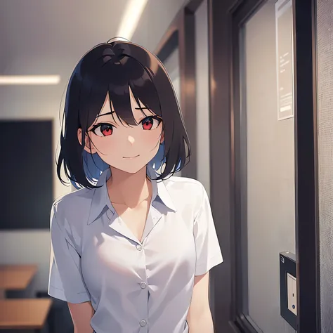 side angle, (looking away:1.5), sexy, Upper Body, (pale skin:1.2), shiny skin, shiny hair、(A 40-year-old woman) and (bob cut) and (wavy hair) and (hair between eyes) and (black hair) and (red eyes), BREAK white collared shirt BREAK smile, dark office room、...