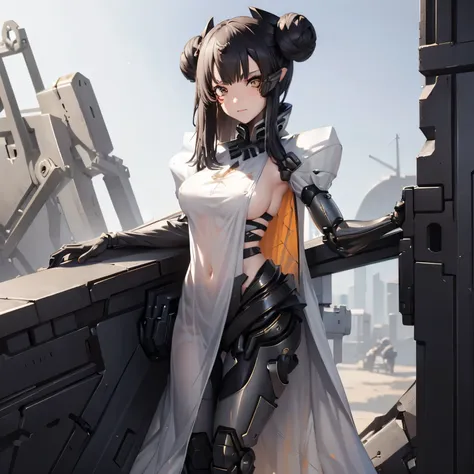 (insanely detailed, beautiful detailed face, masterpiece, best quality), ((masterpiece)),((best quality)),(highres), bokeh, looking at viewer, solo, 1girl, cowboy shot, Nitorization, white dress, mechanical arms, mechanical legs, sideboob, facial mark, eye...