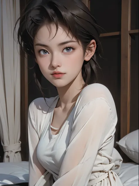 ((Masterpiece)), (high resolution:1.4), (sitting on the bed:1.5), (dynamic pose:1.4), (erotic pose:1.2), erotic smile, 1girl, irene vincent, (1girl), short hair, black hair, bangs, sidelocks, blue eyes, (black lingery), highlydetailed lingery, looking at v...