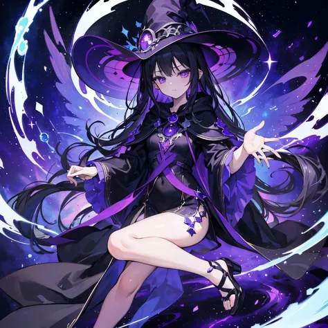 masterpiece, best quality, masterpiece, (1girl), (LLChar), astral witch, dark energy, void, purple eyes, (extremely evil), space magic, space background, negative energy, galactic void, stars, black wavy hair, full body image, wearing witch robe, normal ha...