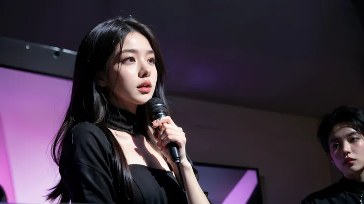 "A beautiful young Thai woman with fair skin and an oval face, aged 20-25, with long, flowing hair, wearing a cute black dress, singing a sorrowful song. In the background, there are numerous purple roses, creating a striking contrast with her dark outfit,...