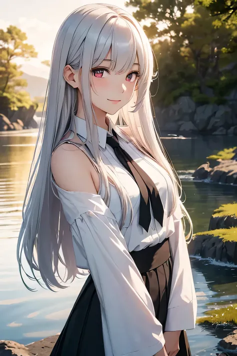 One Japanese high school girl, high resolution, widescreen, masterpiece, best quality, high detail. Lumeria stands by the edge of a tranquil lake, her shoulder-length silver hair framing her delicate face as it catches the soft glow of the setting sun. Her...