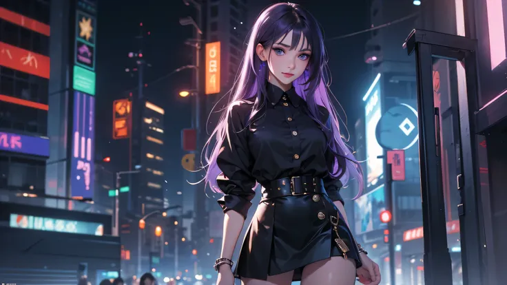 ((masterpiece, best quality)), ((1girl)), (solo), (realistic), (female focus), (skinny), thin waist, thin hips, (goth girl), (purple hair, very long hair), futuristic, eyeshadow, mascara, long eyelashes, large blue eyes, looking at viewer, light smile, got...