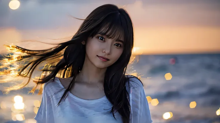 Best Quality,4K,8k,High resolution,masterpiece:1.2,Very detailed,A tired girl,length, Flowing black hair,Delicate features,thinking eyes,White skin,Happy expression,Great atmosphere、Wearing a T-shirt、Romantic atmosphere、Moonlit night and sea in the backgro...