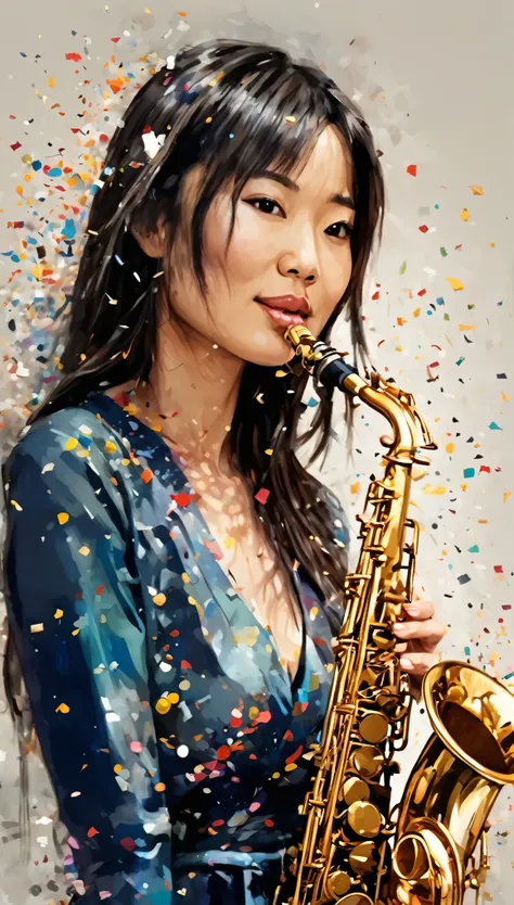 painting of an asian woman with a saxophone and a cloud of confetti, side profile artwork, beautiful artwork, art of alessandro pautasso, saxophone, extremely high quality artwork, a beautiful artwork illustration, beautiful digital artwork, artistic illus...