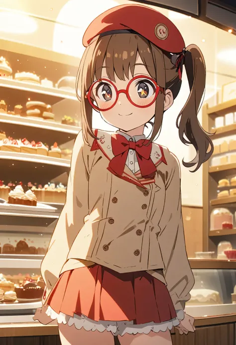 1girl,10yo,brown hair,black eyes, ((red round eyewear)), side ponytail,smile, blushful,(beret),mini skirt,zettai ryouiki,

BREAK
Inside the cake shop,Staring with sparkling eyes at the showcase where cakes are displayed

BREAK
((best quality, high resoluti...