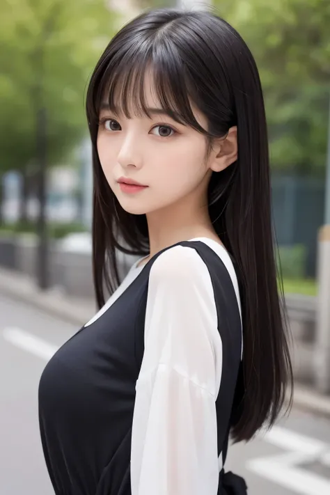 With bangs、Long black hair flows down her back、Please draw a beautiful woman with a slightly baby face and large breasts from the front.。The face is clean-cut.、It has a rounded yet sharp impression.。She has large, cat-like eyes、Skin as smooth as porcelain。...