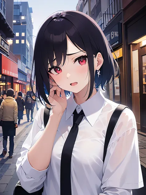 hand on own chin, Biologically Correct Five Fingers、sexy, Upper Body, (pale skin:1.2), shiny skin, shiny hair、(A 40-year-old woman) and (bob cut) and (wavy hair) and (hair between eyes) and (black hair) and (red eyes), BREAK white collared shirt BREAK (sca...