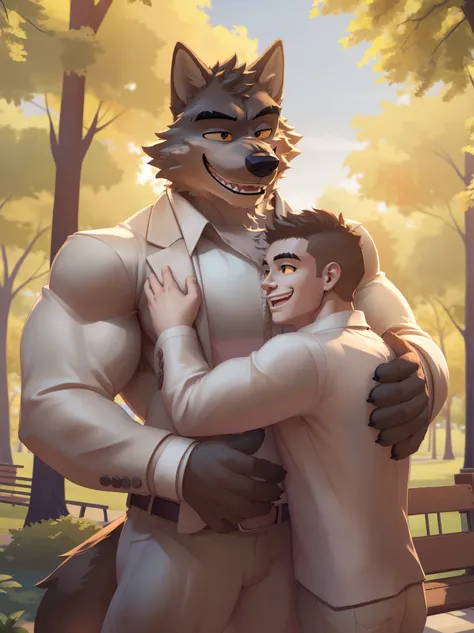 4K, detailed, soft color, highres, park, unparalleled masterpiece, love story of (muscular man:1.2 (a huge muscular man)) and (little furry mr. wolf, athletic anthro), hug, hugging, pair, Height difference, Physical difference, perfect anatomy, smile, joyf...