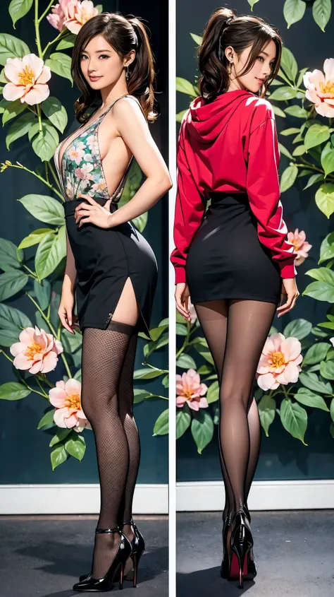 ((masterpiece)),(((Best Quality))),((Catalog design sheet)),Thin thighs,Long legs,whole body:1.5，(２Beautiful women lined up:1.3),(Wearing black pantyhose and high heels:1.5),(Floral and plant print mini skirt dress_Wearing a long skirt dress:1.2),Short Cur...