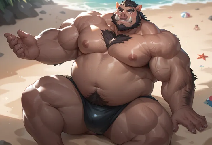 by_lindong, bara hog, boar, very large belly, massive belly, huge belly, fat, obese, sitting in sand, strong physique, chubby, huge belly, perfect anatomy, masterpiece, black beard, strong jaw, giant biceps, shirtless, hairy pectorals, solo, beach, ground ...