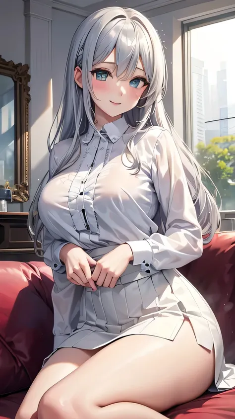 wearing white blouse, check skirt, 25yo woman, Large Breasts, Sexy Breasts, Sexy body, Looking at the camera, shiny hair, smile, streaked hair, silver hair, tareme, aqua eyes, anime style, UHD, masterpiece, high details, best quality, in the living room