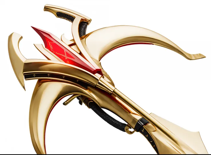 there is a gold and red hair clip with a red blade, golden art nouveau scythe blade, sickle, gold and red metal, fantasy weapon, fantasy scythe, bananas weapon, scythe design, weapon design, weapon, holding futuristic crossbow, loki horns, sword antlers, g...