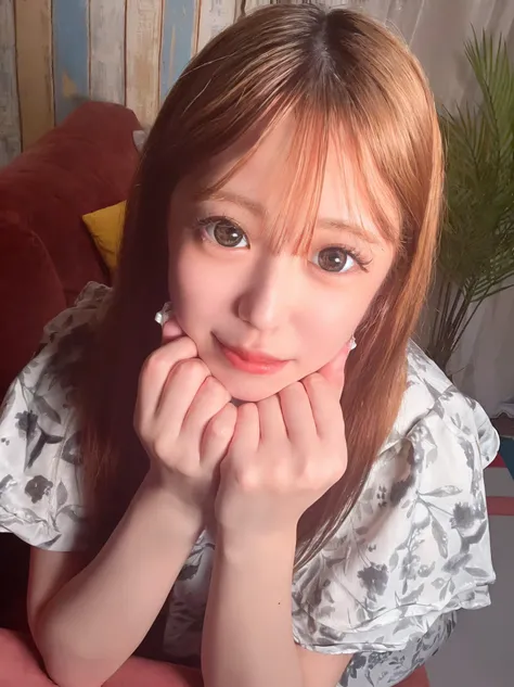 there is a woman that is sitting on a couch with her hands on her chin, Chiho, tzuyu from twice, Yoshitomo Nara, ulzzang, ayaka, sakimichan, with big eyes, 8k selfie photograph, with cute - fine - face, Beast