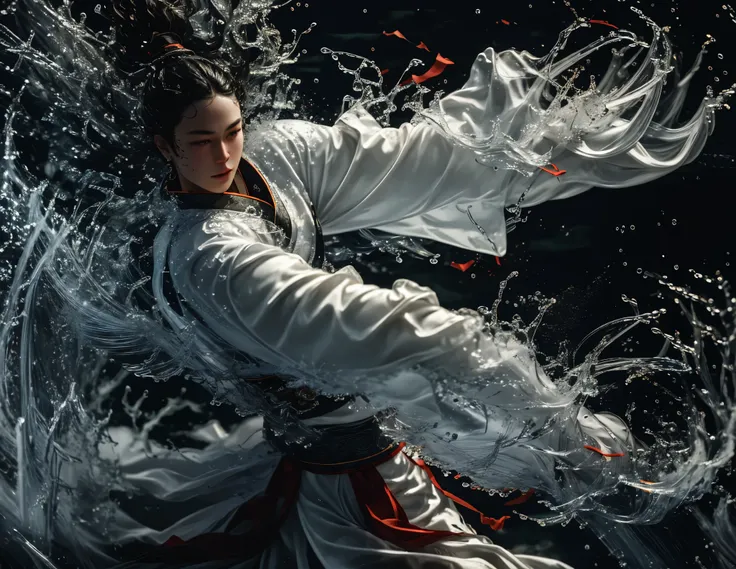 masterpiece, best quality, 32k, insane details, intricate details, hyperdetailed, hyper quality, high detail, ultra detailed, Masterpiece,martial artsChinese, realism,martial arts,play light and shadow,green lights and shadow,Bauhaus photography,28mm fant...