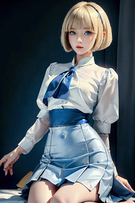 ((Best Quality)), ((masterpiece)), (detailed), Anatomically correct body shape、Correct leg position、Correct hand position、High school girl、Mature face、White blouse、Dark blue mini skirt、Blue Eye、Blonde Bob Cut、Small Bust、Large hips、Angle from the front、Look...