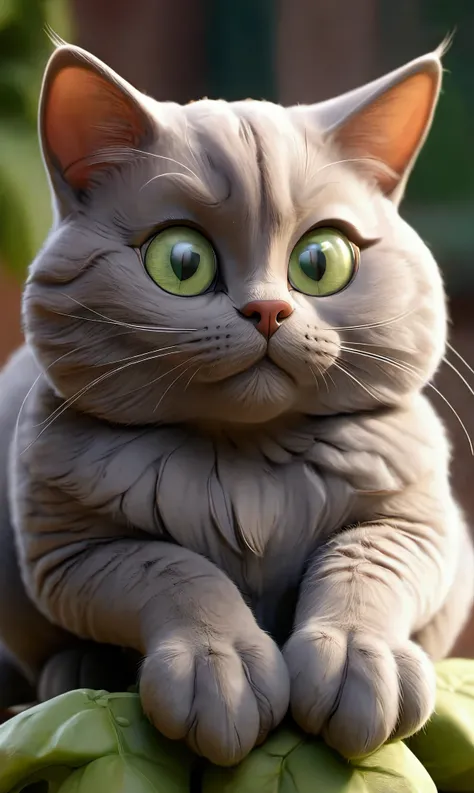 a gray cat, very adorable, green eyes, paws resting on head, looking at the viewer. 