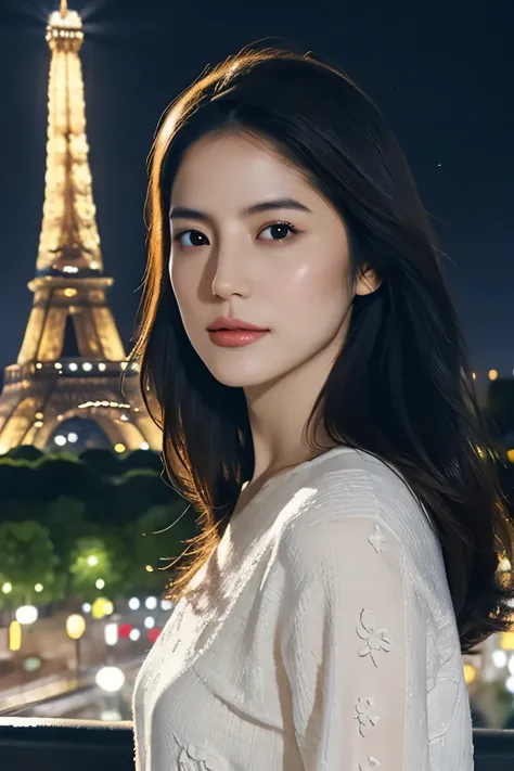 Create a high-quality, hyper-realistic illustration of a skinny Japanese woman standing in front of the Eiffel Tower at night. The Eiffel Tower is illuminated by lights, creating a stunning and iconic backdrop. The woman is dressed elegantly, with long, fl...