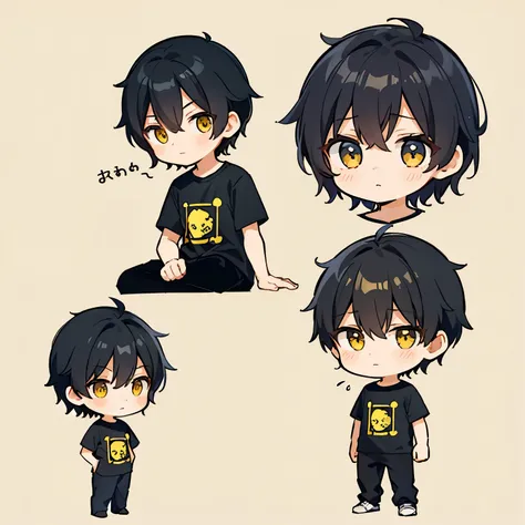 1 adult male，Short Hair, Black Hair, Yellow T-shirt，sad,  Chibi, No background, Yellow Eyes, whole body, One person, Chibi style, Short hair,