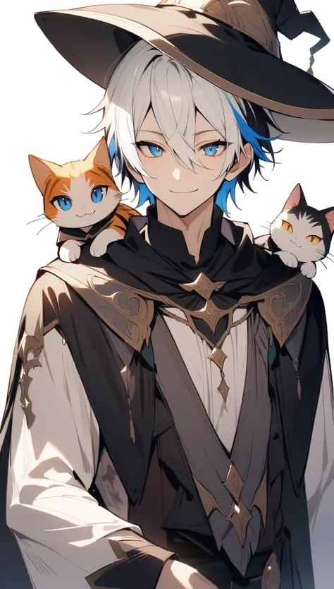 {{masterpiece}}, ,Attention to detail、Shortcuts、Multi-colored hair、One Boy、good looking、Adult、((Perfect Eyes)),((White background)),look at me、Cowboy Shot、Fantasy、Wizard、smile、Cat on shoulder