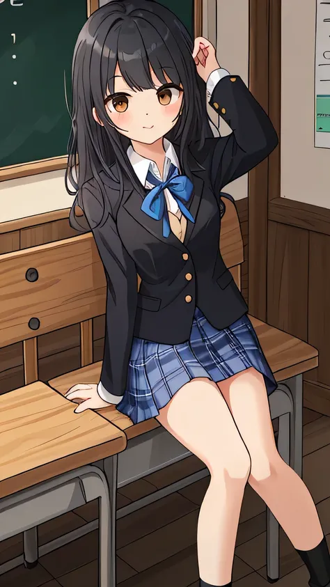 (8k、Best Quality、Highest quality、Masterpiece)、((High school girl uniform、(Black blazer)、((Black socks))、Short socks、White blouse、Blue school ribbon、Checkered school ribbon、Blue Skirt、Checked skirt、hort socks、Black Loafers))、((Black Hair))、Brown eyes、Cute f...