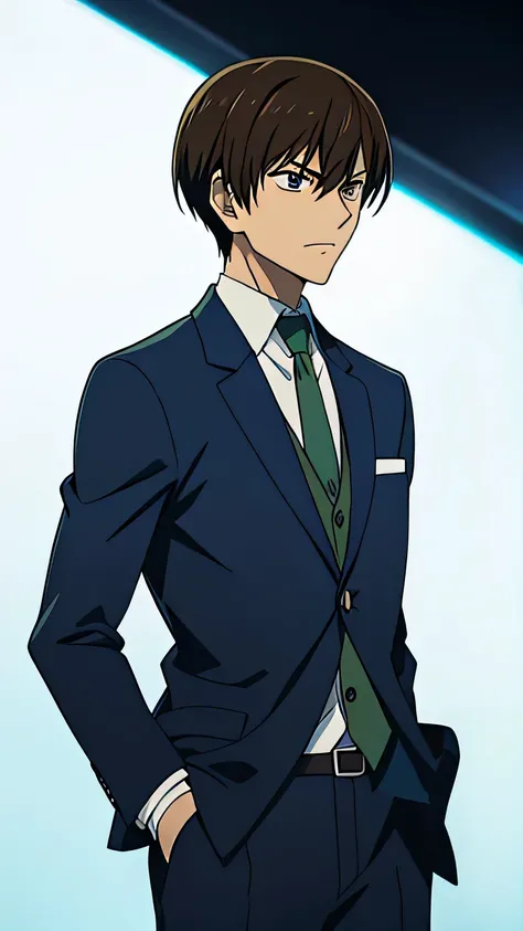 yagami light,male,solo,daek blue suit,green necktie,dark blue slack