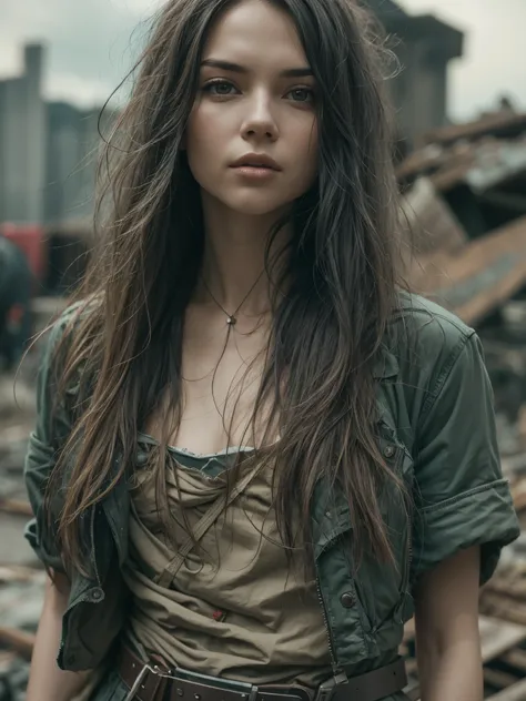 raw photo, a close up portrait photo of weary woman in wastelander clothes, long haircut, pale skin, slim body, background is ci...